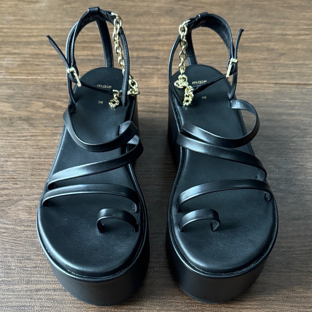 Maje Platform Sandals in Black with Gold Accents